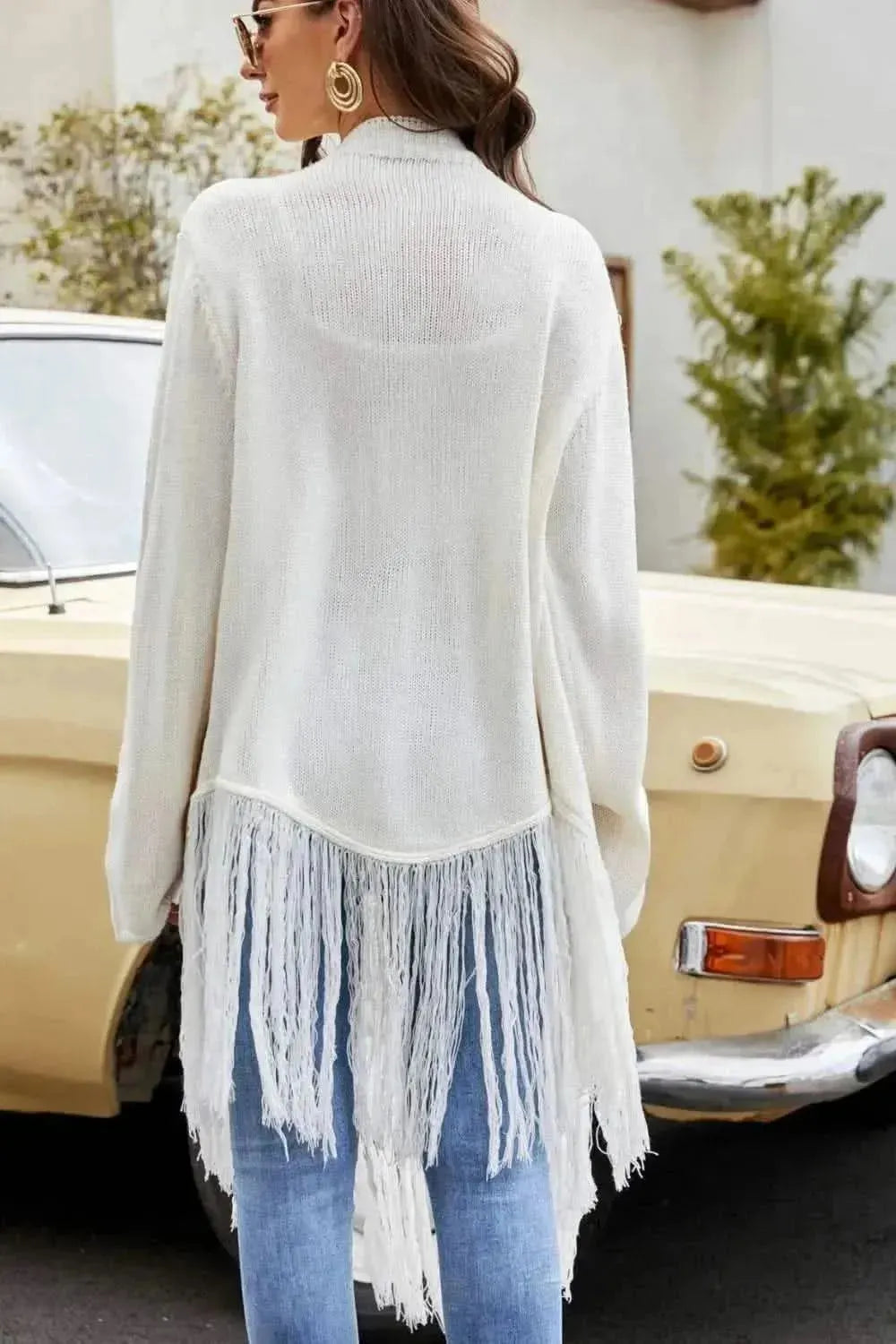 Fringe Hem Open Front Ribbed Trim Cardigan - Bad Moms Club