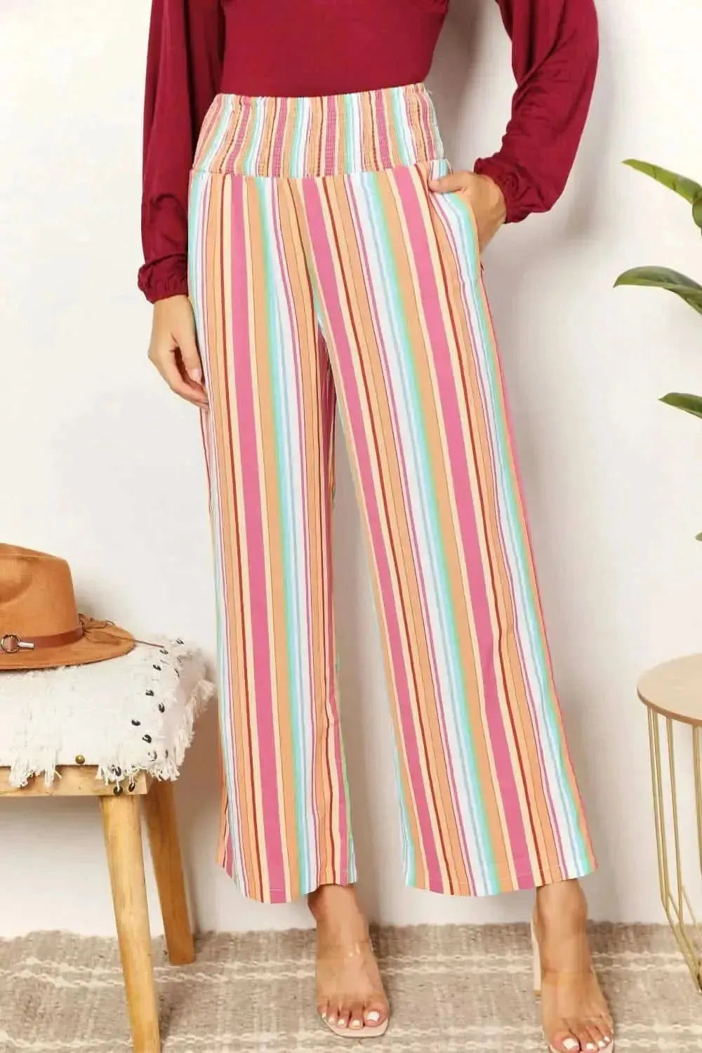 Double Take Striped Smocked Waist Pants with Pockets - Bad Moms Club