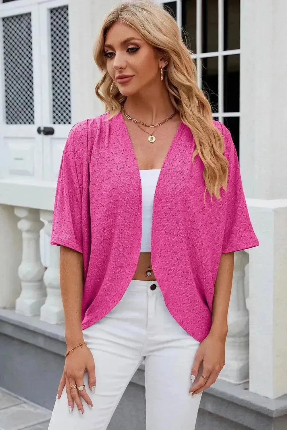 Eyelet Open Front Half Sleeve Cardigan - Bad Moms Club