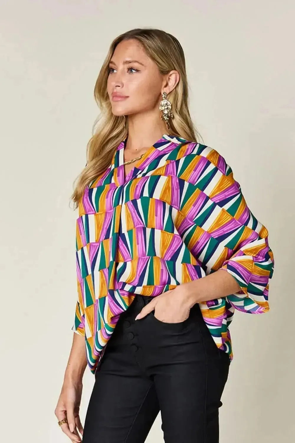 Double Take Full Size Geometric Notched Dolman Sleeve Top - Bad Moms Club
