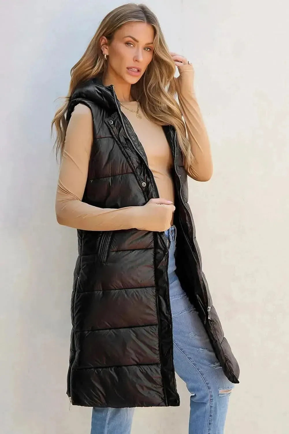 Longline Hooded Sleeveless Puffer Vest - Bad Moms Club
