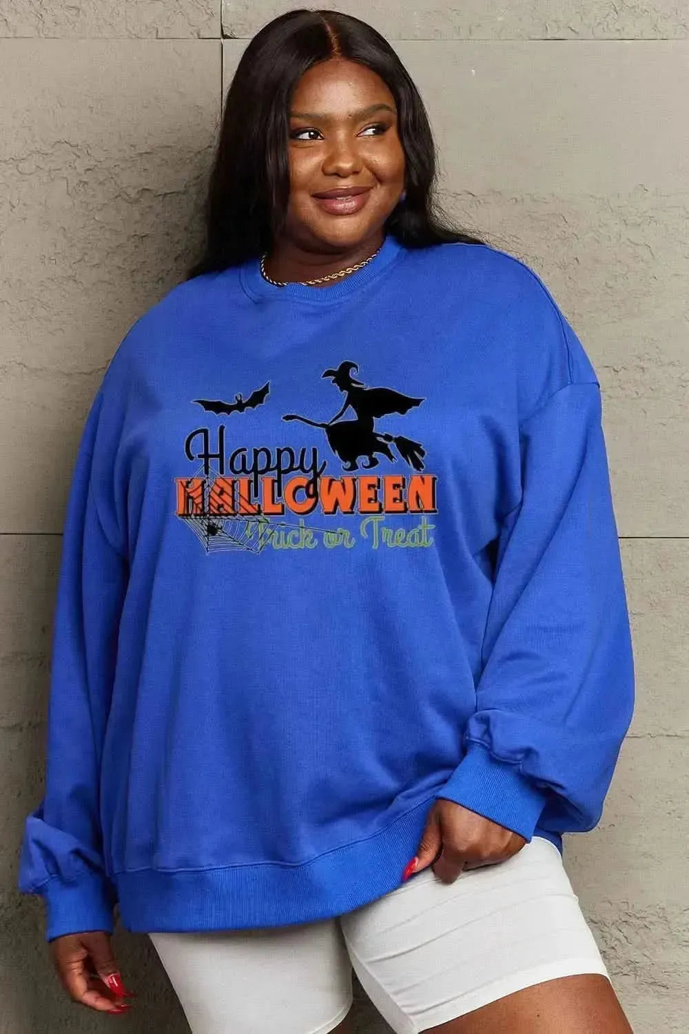 Simply Love Full Size HAPPY HALLOWEEN TRICK OR TREAT Graphic Sweatshirt - Bad Moms Club