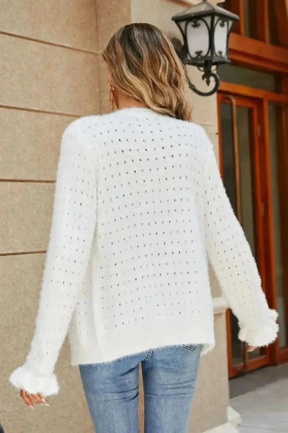 Openwork Flounce Sleeve Button-Up Fuzzy Cardigan - Bad Moms Club