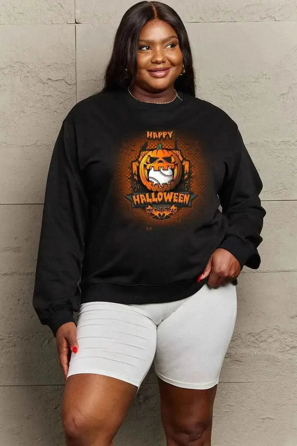 Simply Love Full Size HAPPY HALLOWEEN Graphic Sweatshirt - Bad Moms Club