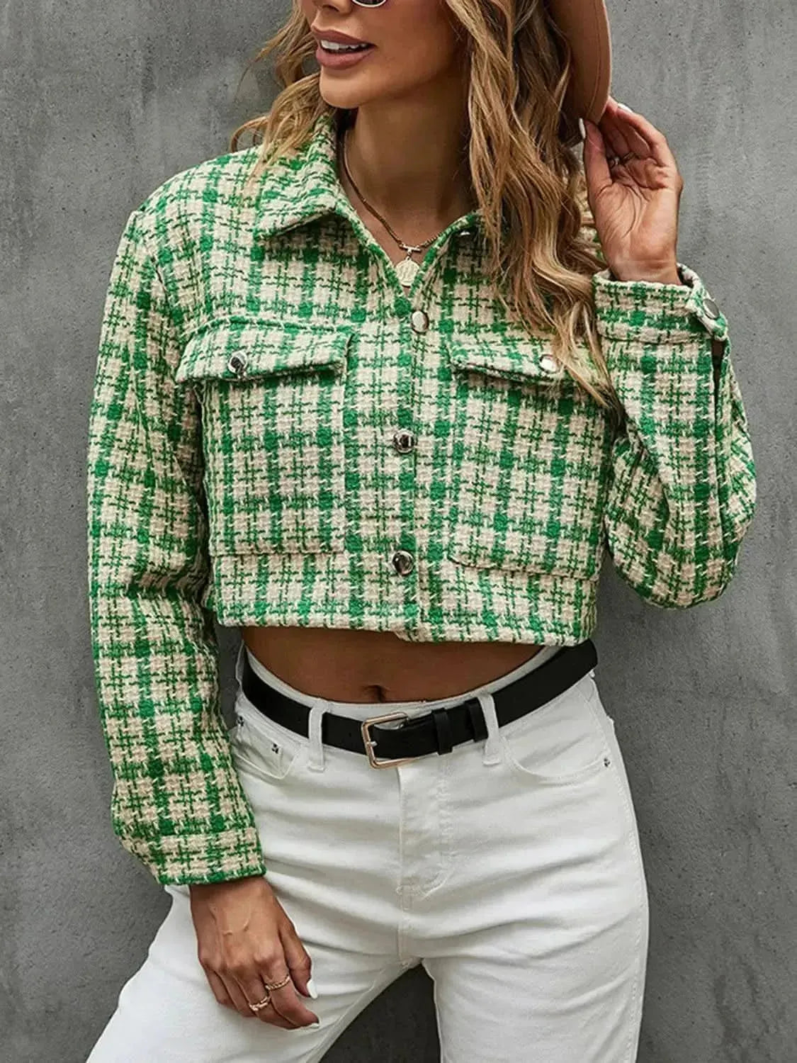 Plaid Button Up Collared Neck Long Sleeve Jacket - Bad Moms Club