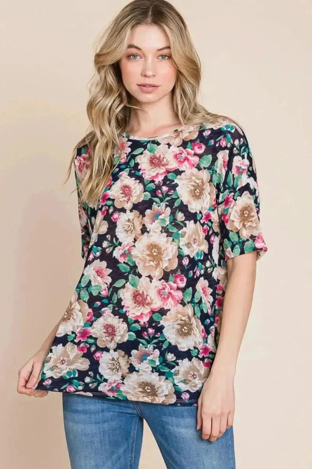 BOMBOM Floral Round Neck T-Shirt - Bad Moms Club