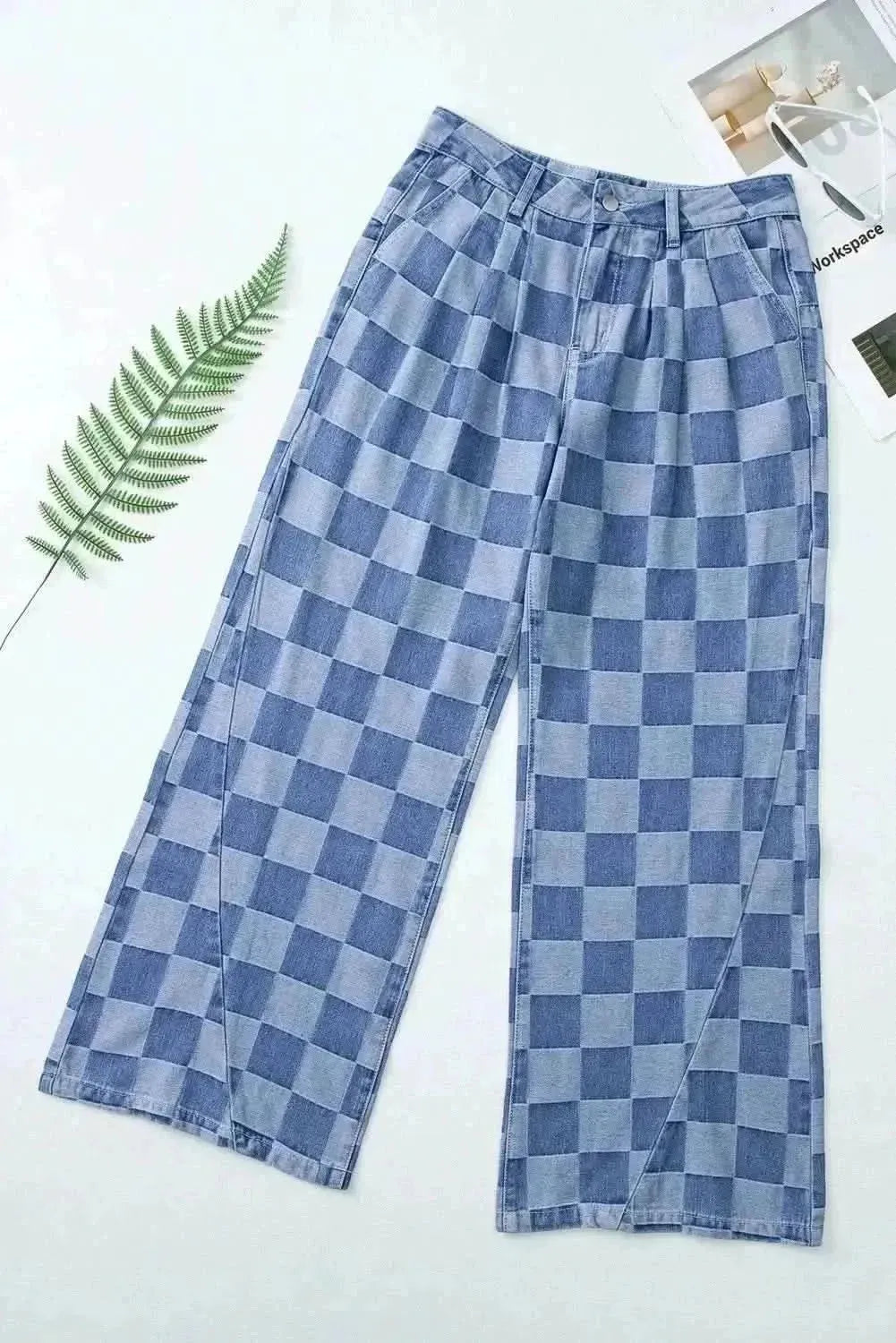 Checkered Wide Leg Jeans with Pockets - Bad Moms Club