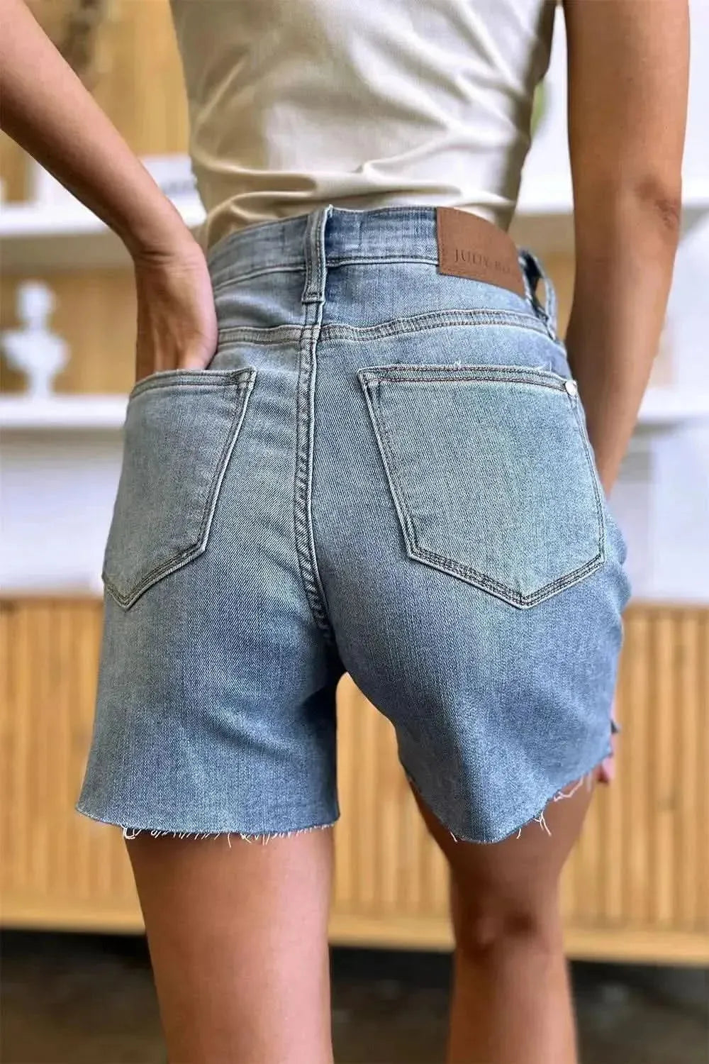 Judy Blue Full Size High Waist Raw Hem Denim Shorts - Bad Moms Club