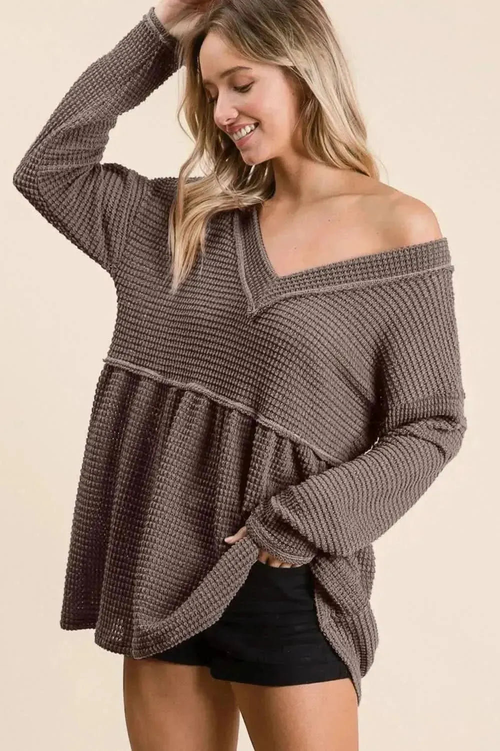 BiBi Waffle Knit V-Neck Babydoll Blouse - Bad Moms Club