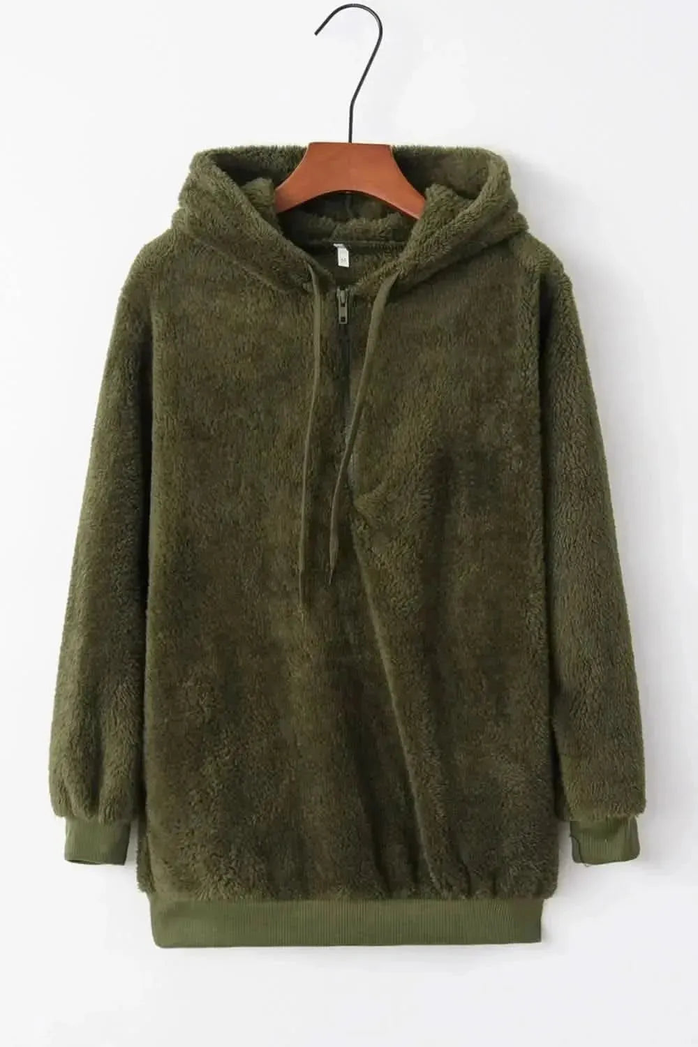 Full Size Quarter-Zip Drawstring Teddy Hoodie - Bad Moms Club