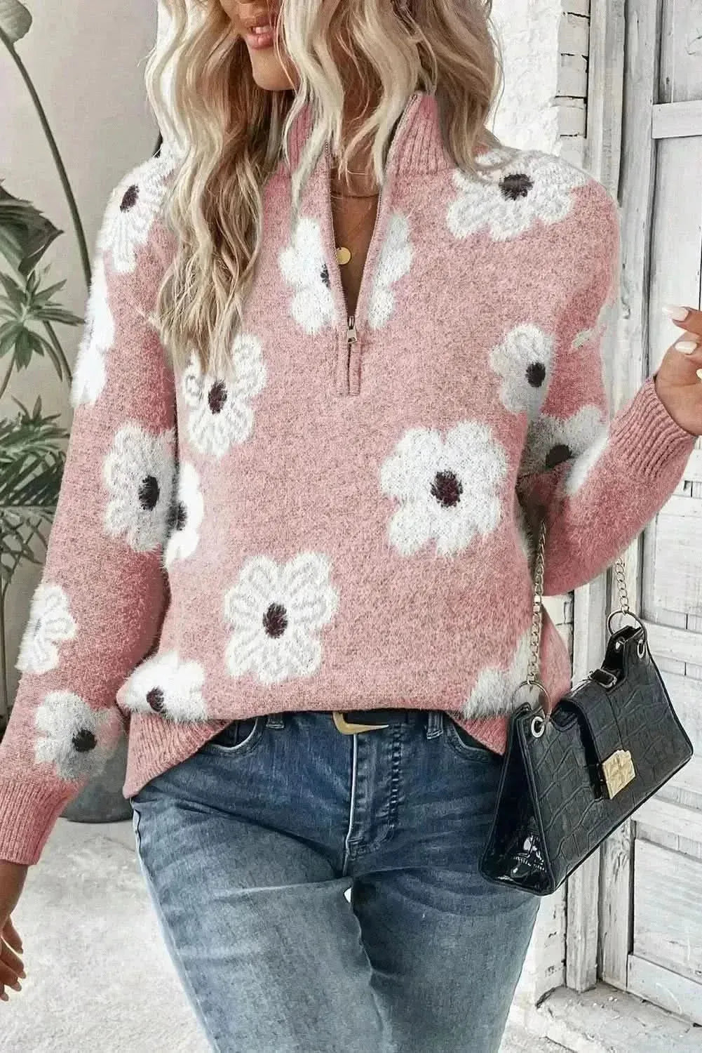 Flower Half Zip Long Sleeve Sweater - Bad Moms Club