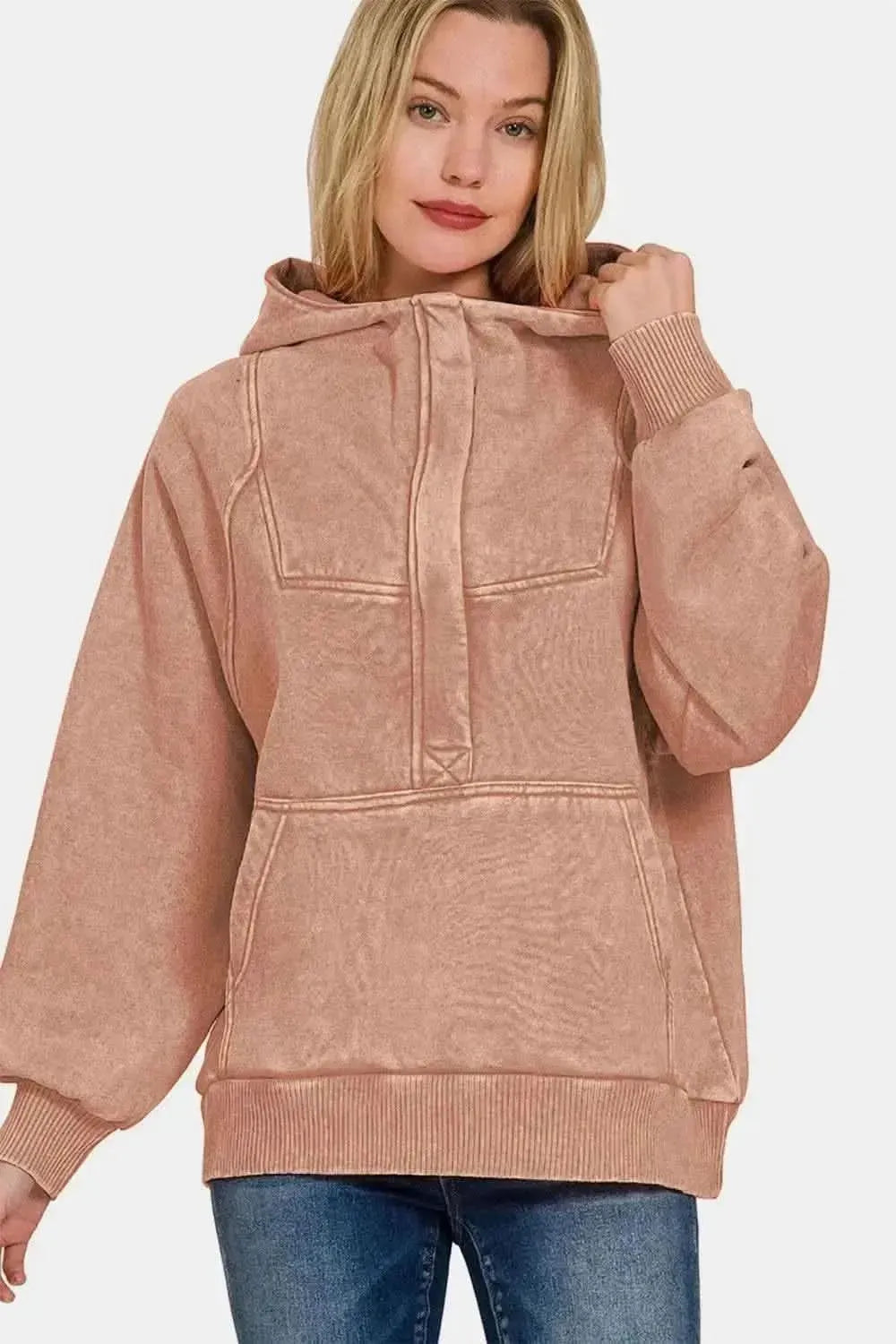 Zenana Acid Wash Fleece Kangaroo Hoodie - Bad Moms Club