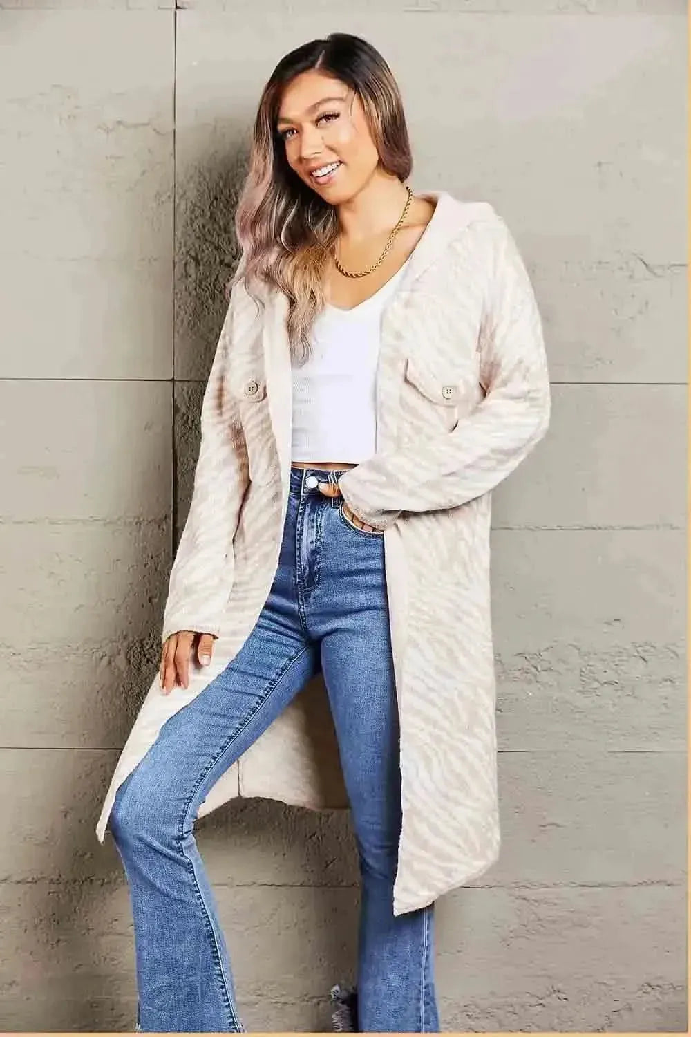 Printed Open Front Hooded Longline Cardigan - Bad Moms Club