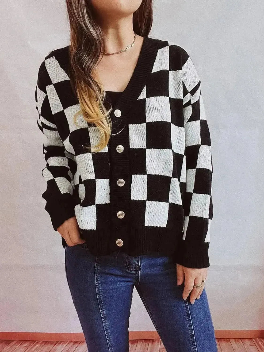 Checkered Open Front Button Up Cardigan - Bad Moms Club