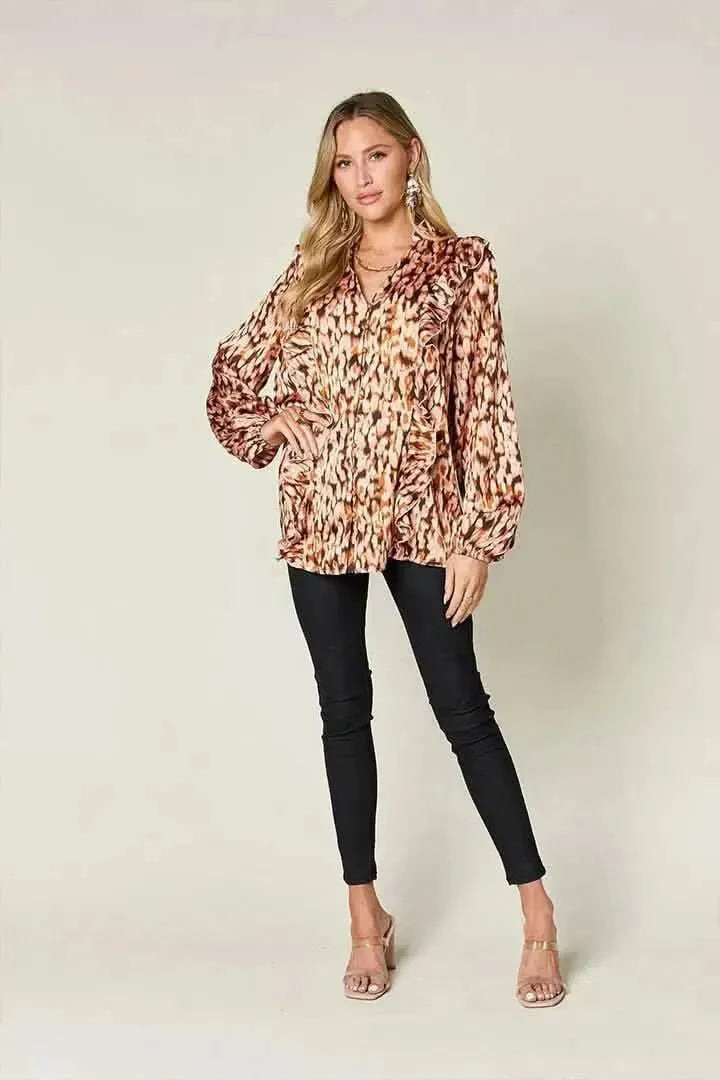 Double Take Full Size Printed Ruffle Trim Balloon Sleeve Shirt - Bad Moms Club