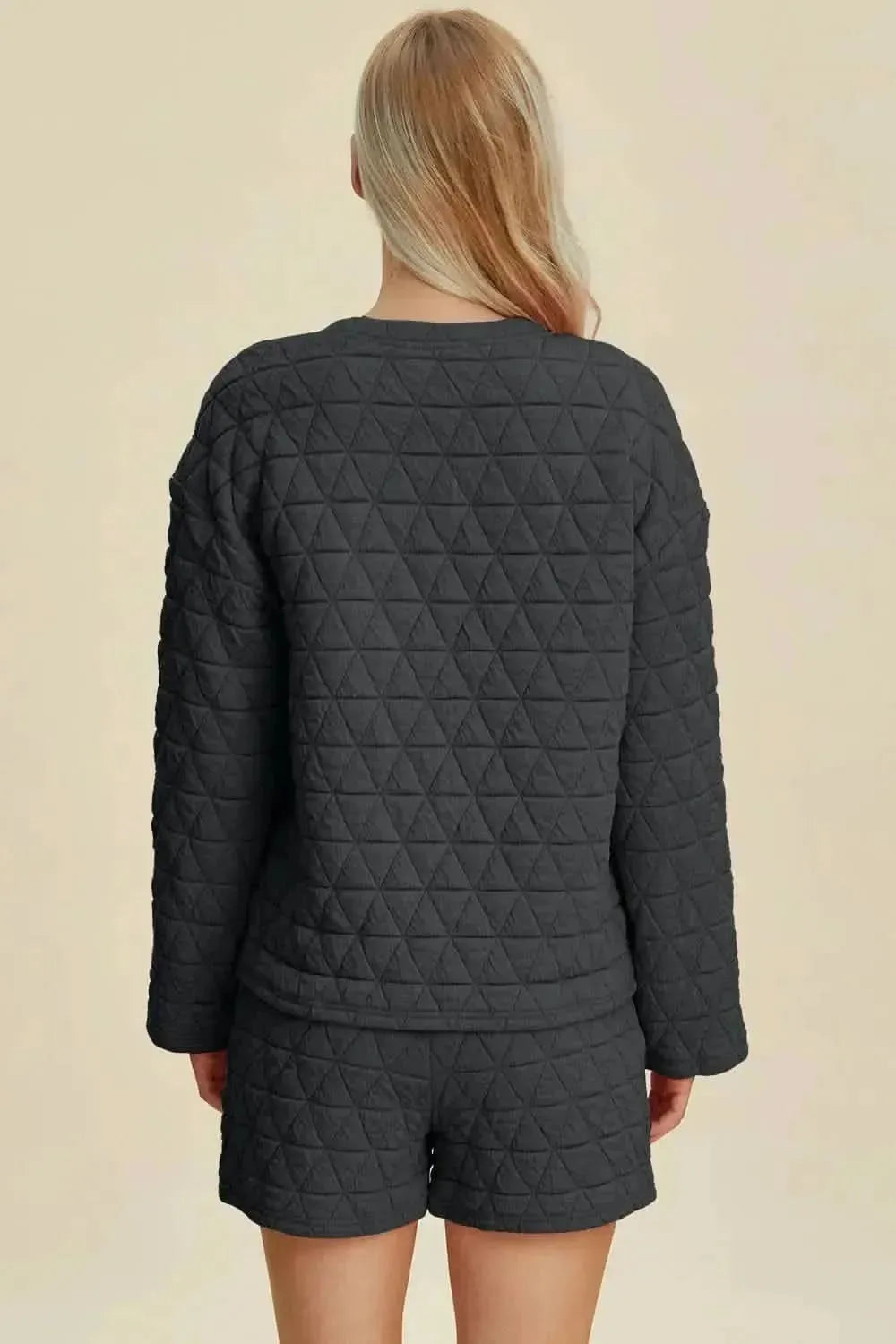 Double Take Full Size Texture Round Neck Long Sleeve Top and Shorts Set - Bad Moms Club