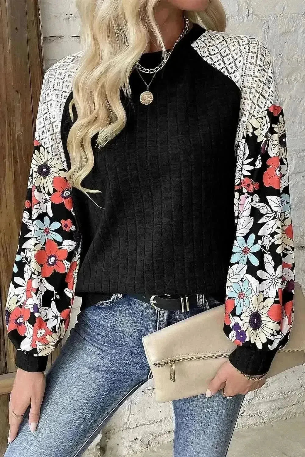 Printed Round Neck Long Sleeve Top - Bad Moms Club