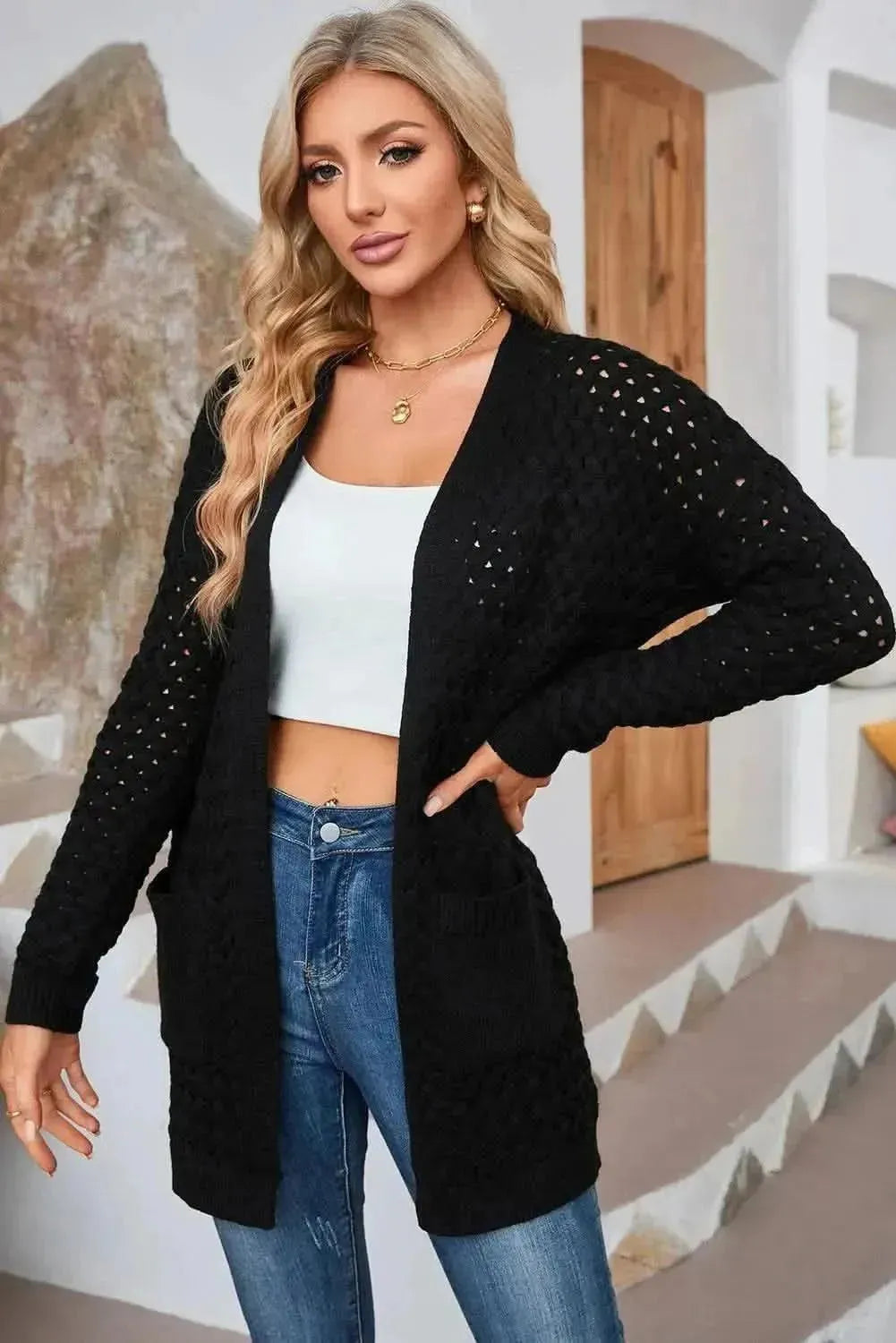 Open Front Dropped Shoulder Cardigan with Pockets - Bad Moms Club