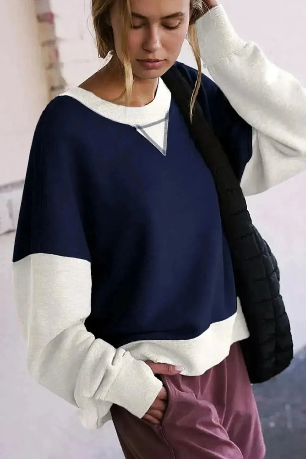 Color Block Round Neck Long Sleeve Sweatshirt - Bad Moms Club
