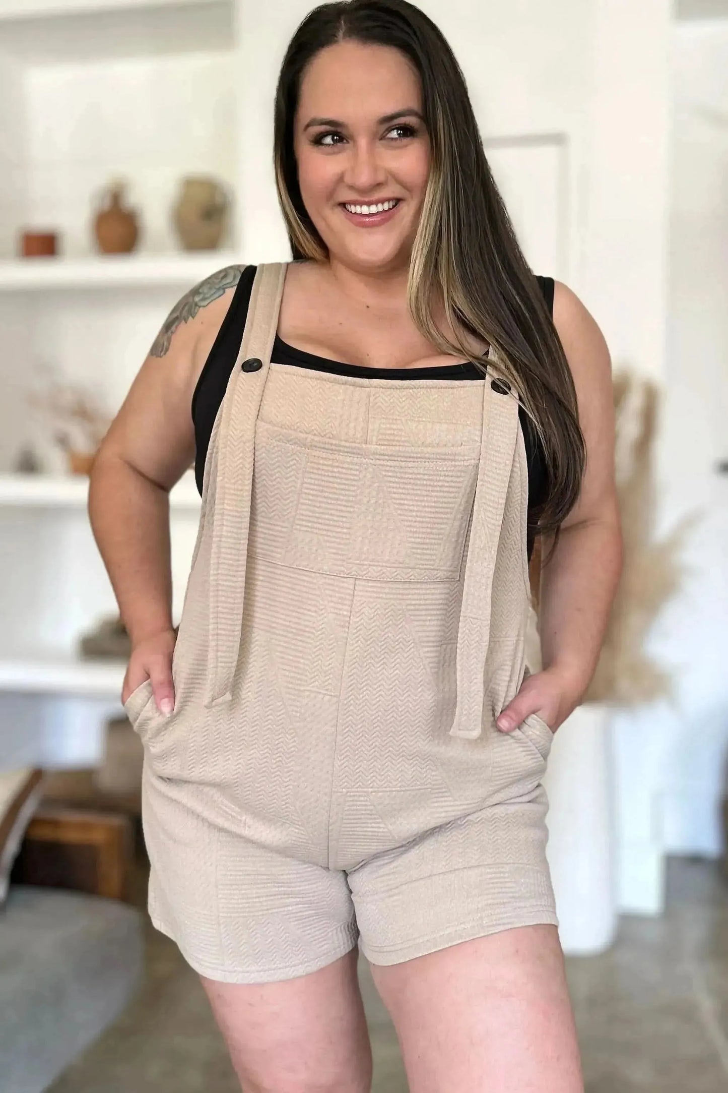 Double Take Full Size Texture Sleeveless Romper - Bad Moms Club