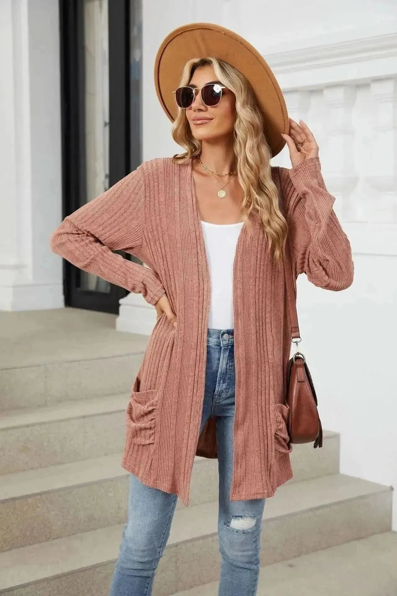 Pocketed Open Front Long Sleeve Cardigan - Bad Moms Club