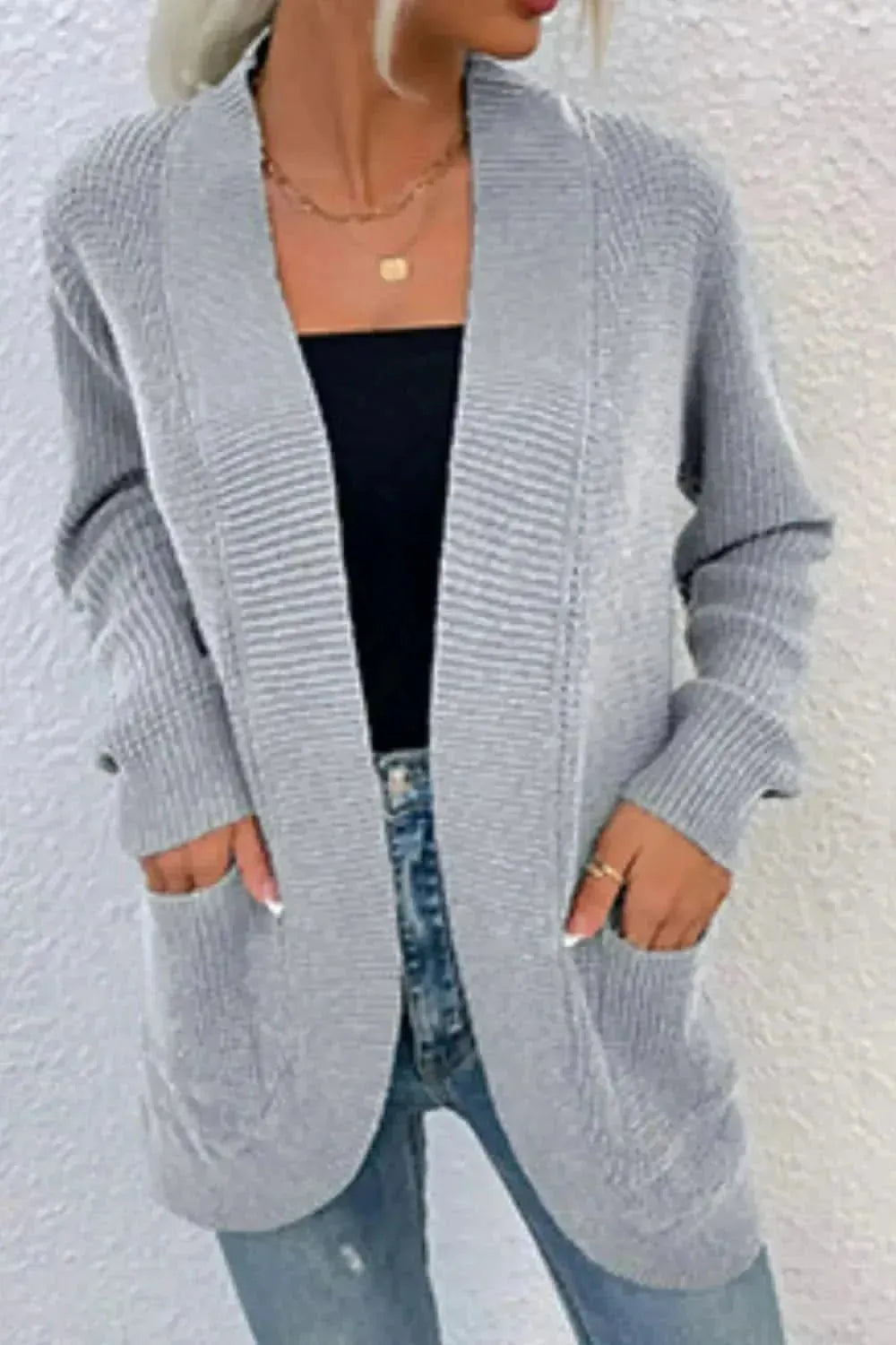 Open Front Rib-Knit Cardigan with Pockets - Bad Moms Club
