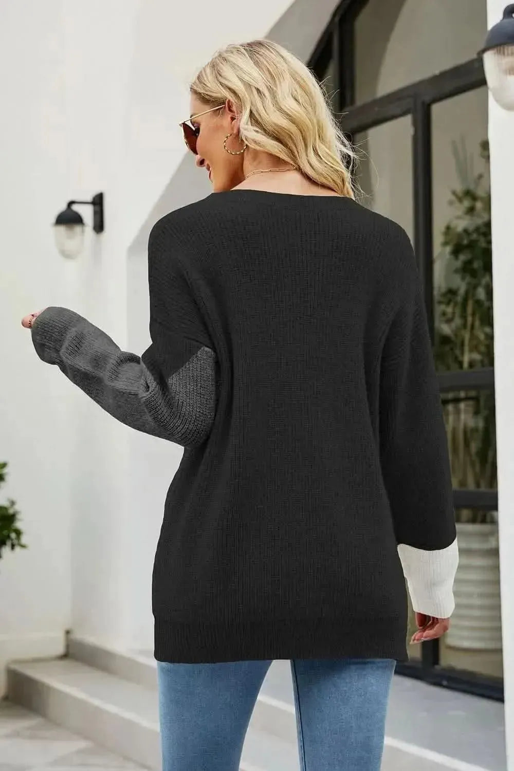 Color Block Round Neck Sweater - Bad Moms Club