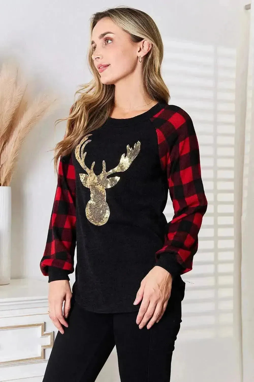 Heimish Full Size Sequin Reindeer Graphic Plaid Top - Bad Moms Club