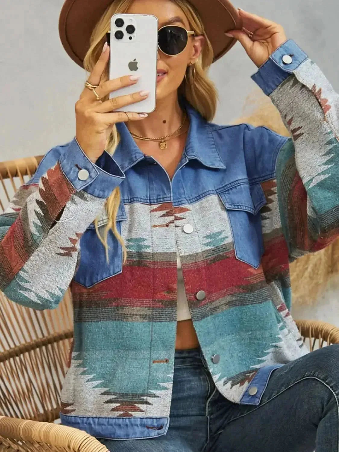 Geometric Button Up Dropped Shoulder Denim Jacket - Bad Moms Club