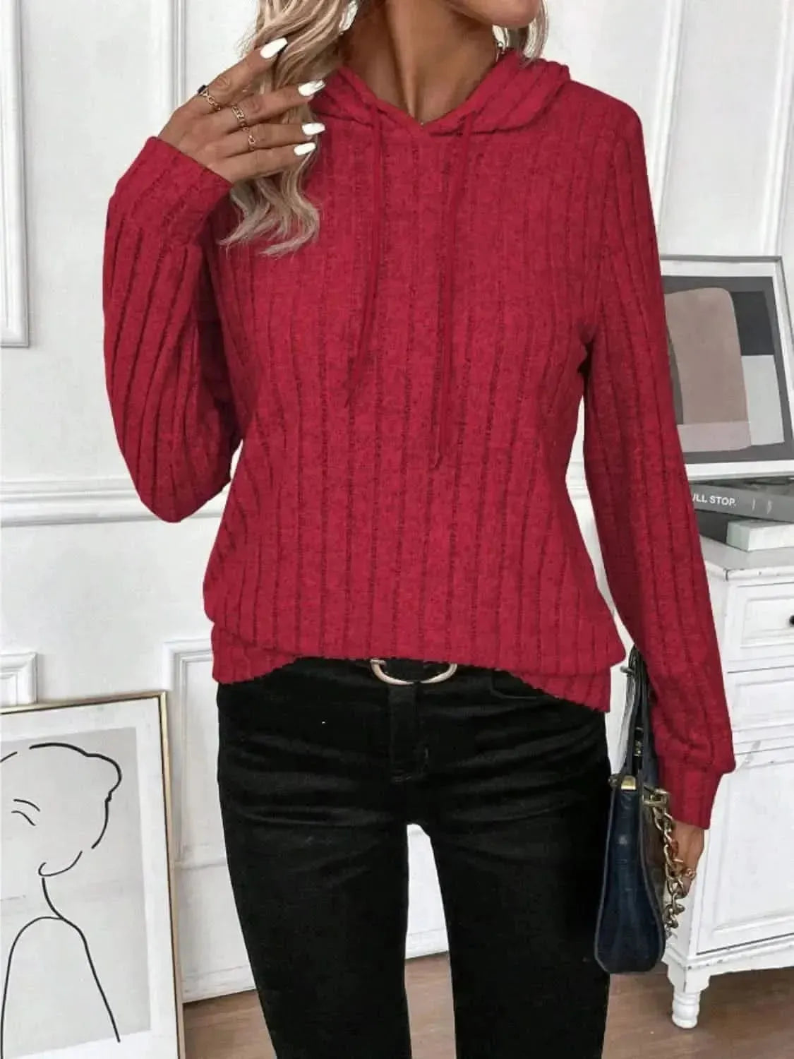 Drawstring Ribbed Long Sleeve Hoodie - Bad Moms Club