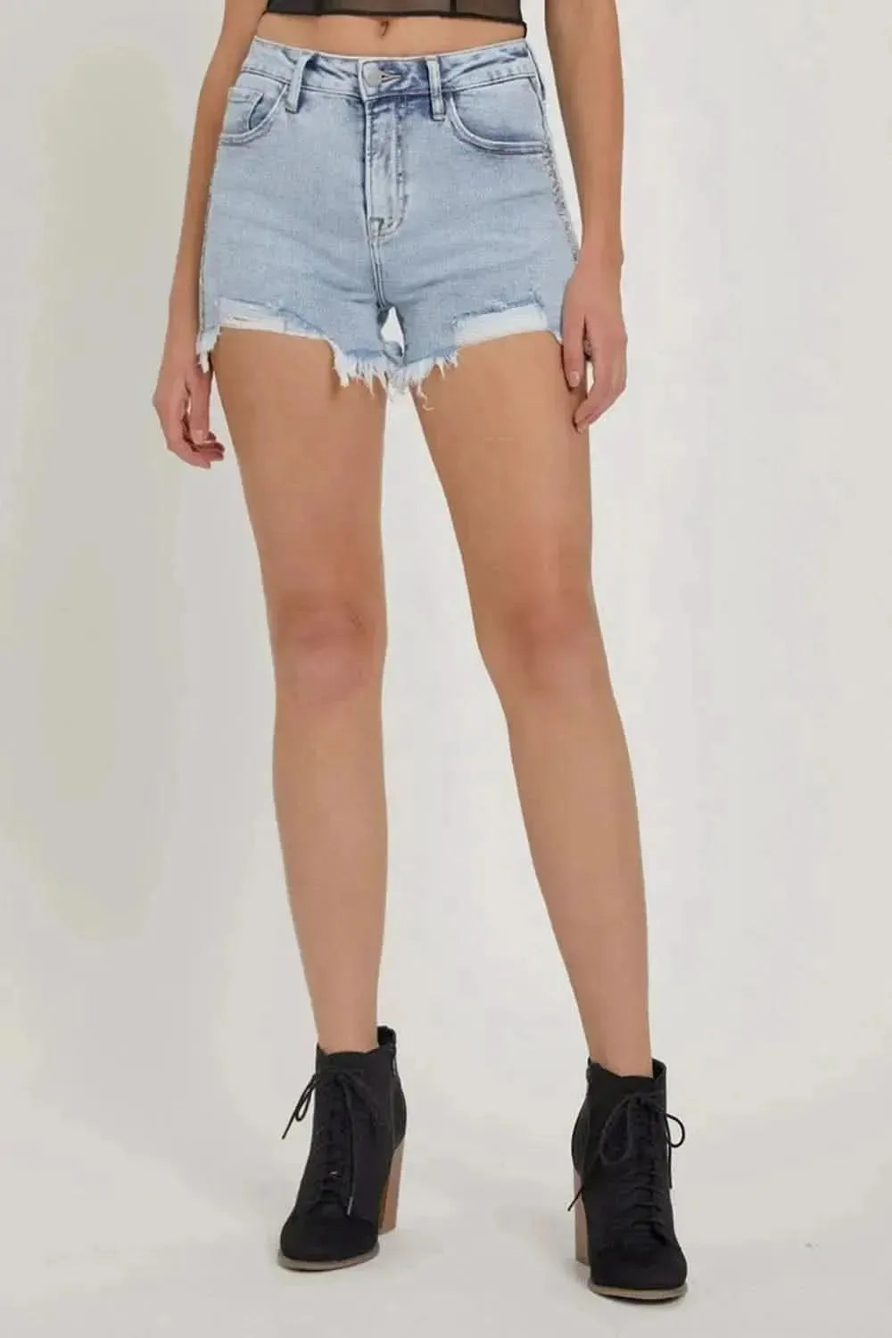 RISEN Full Size High Rise Rhinestone Strap Embellished Denim Shorts - Bad Moms Club