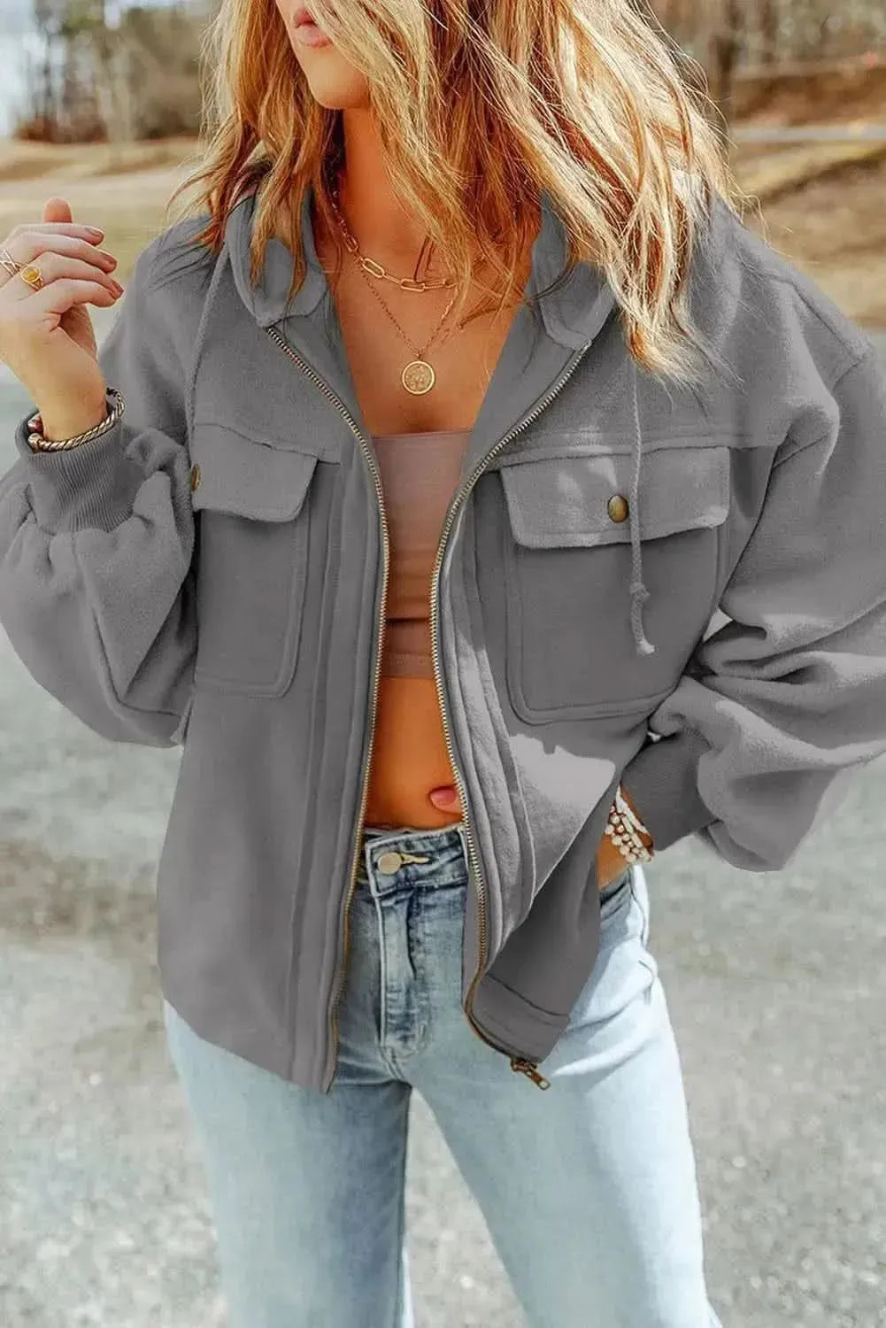 Zip-Up Drawstring Hooded Jacket - Bad Moms Club