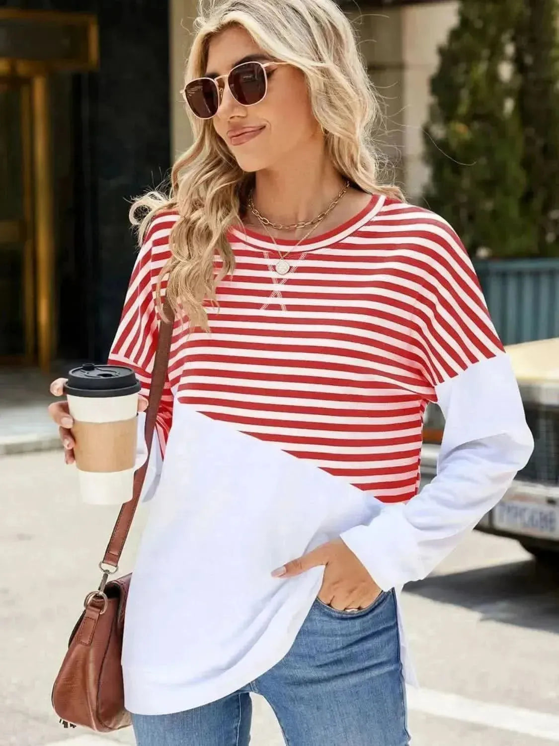 Slit Contrast Striped Long Sleeve Sweatshirt - Bad Moms Club