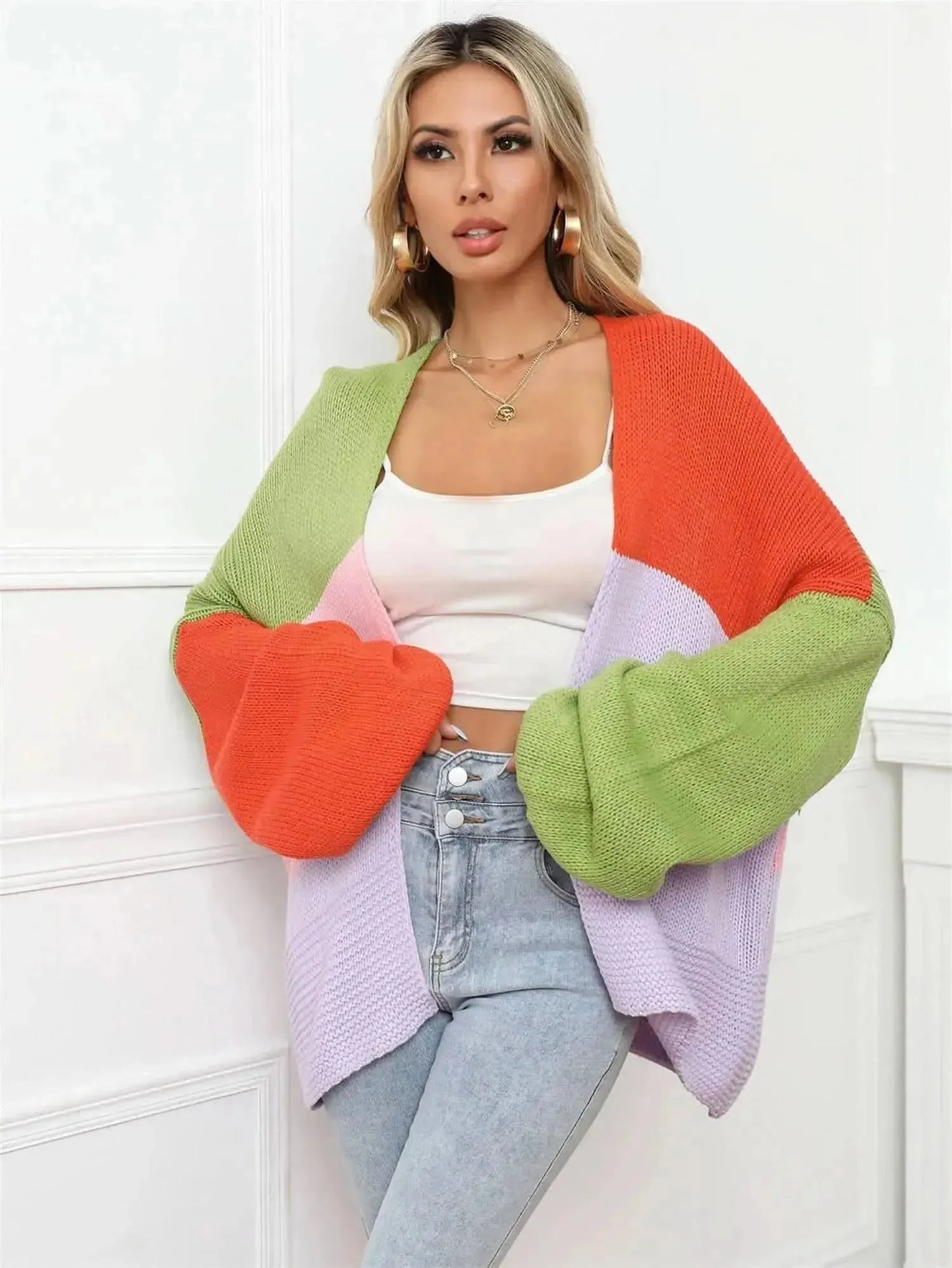 Color Block Open Front Balloon Sleeve Longline Cardigan - Bad Moms Club