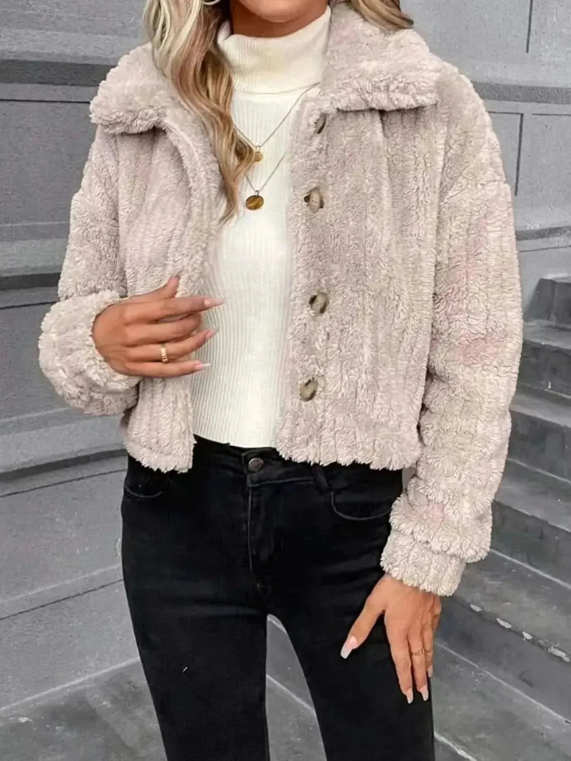Button Up Long Sleeve Fuzzy Outerwear - Bad Moms Club