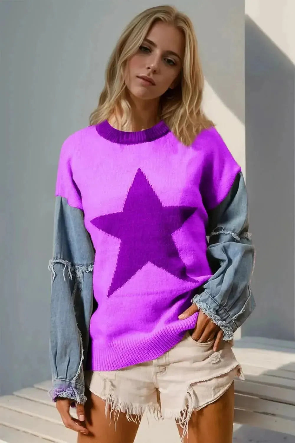 Double Take Full Size Star Pattern Raw Edge Long Sleeve Sweater - Bad Moms Club