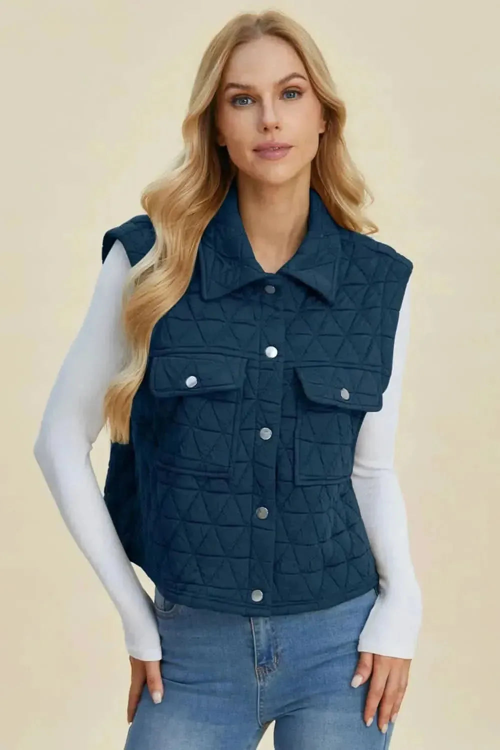 Double Take Full Size Pocketed Texture Snap Down Vest Coat - Bad Moms Club