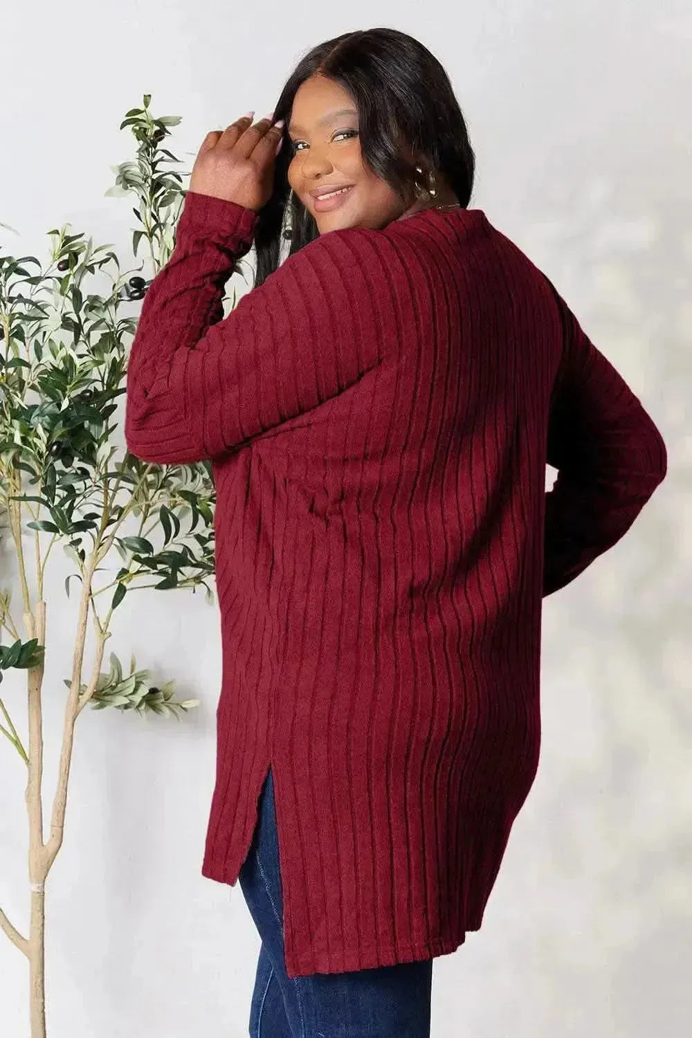 Basic Bae Full Size Ribbed Round Neck Long Sleeve Slit Top - Bad Moms Club