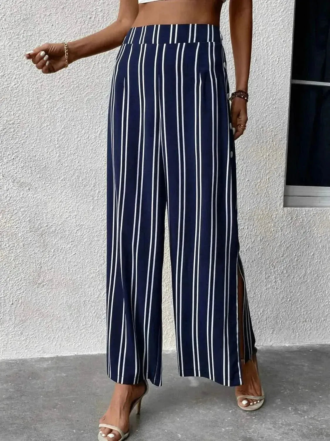 Perfee Striped Slit Wide Leg Pants - Bad Moms Club