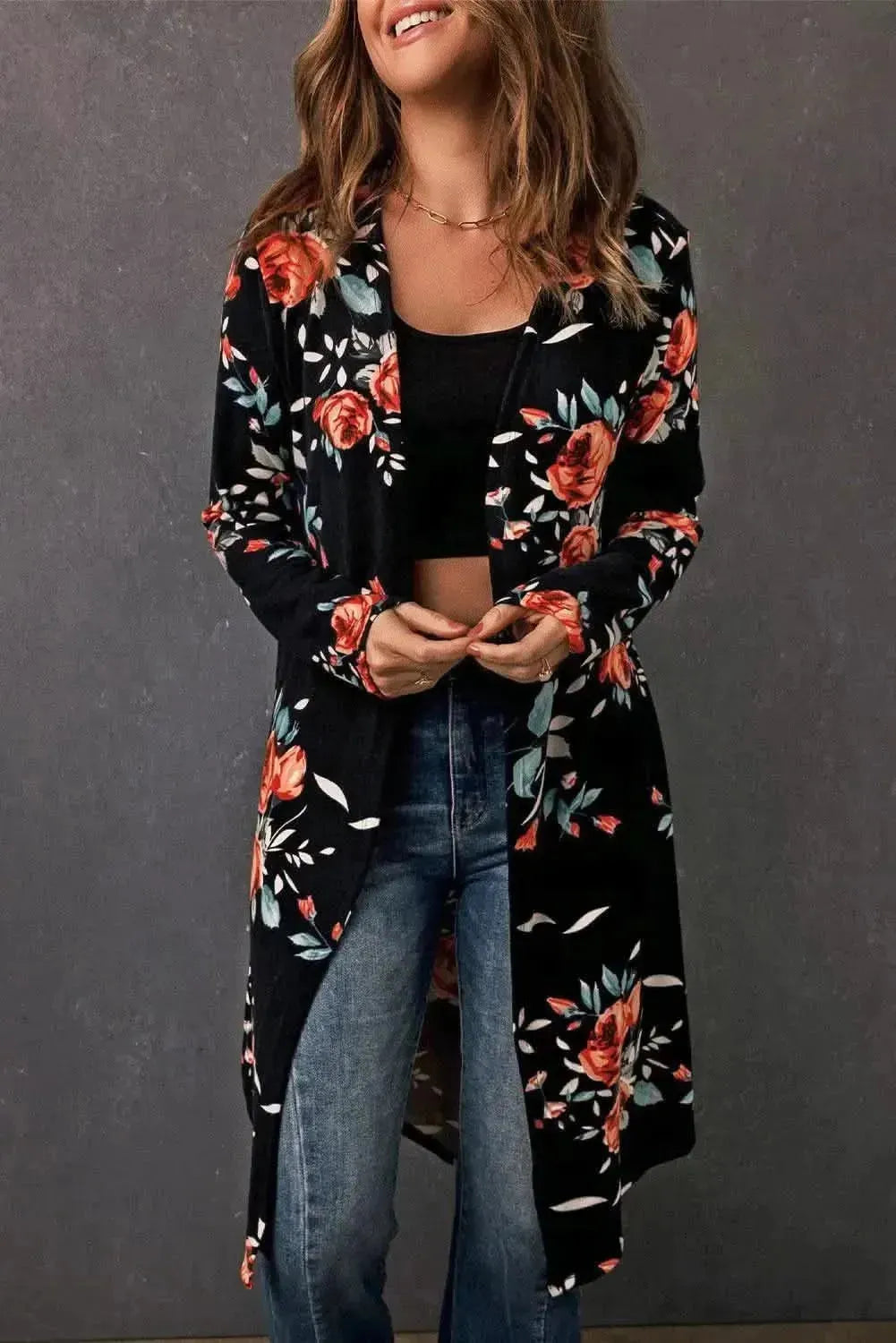 Double Take Printed Open Front Longline Cardigan - Bad Moms Club