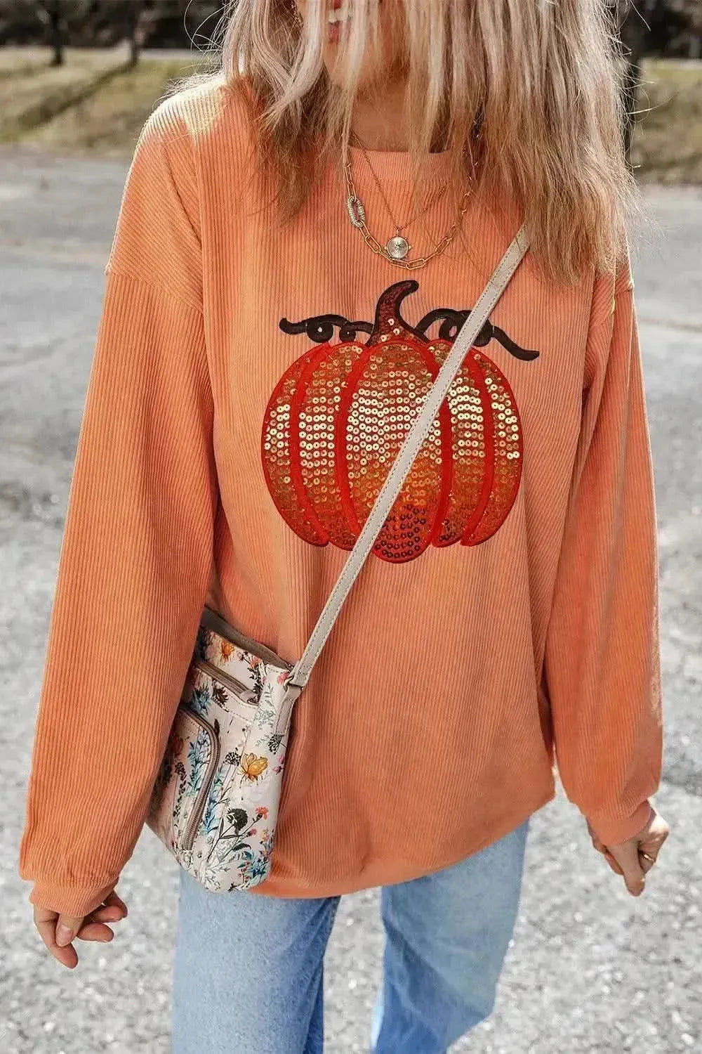 Sequin Pumpkin Round Neck Long Sleeve Sweatshirt - Bad Moms Club