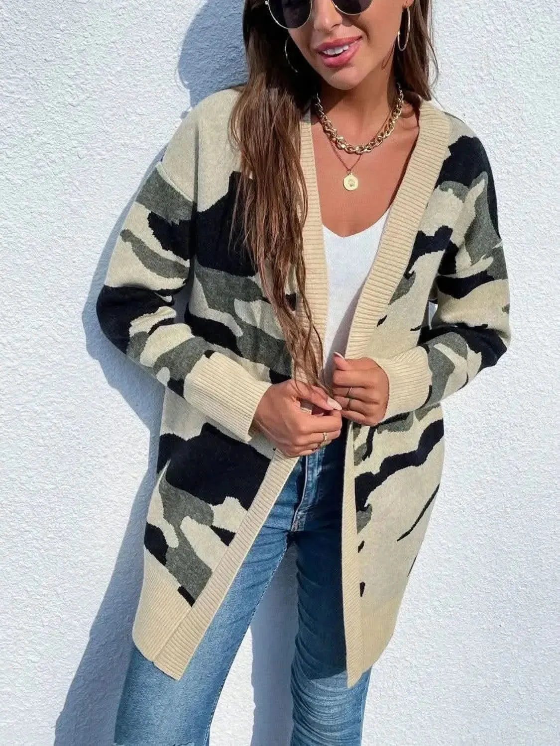 Camouflaged Dropped Shoulder Open Front Cardigan - Bad Moms Club