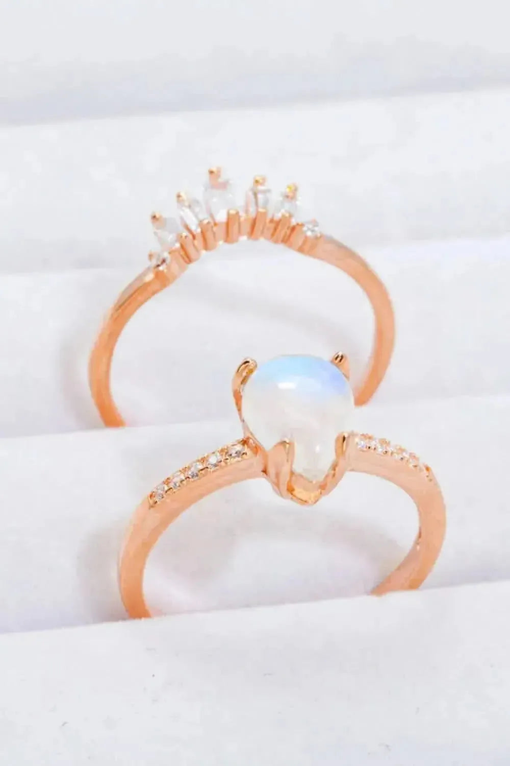Natural Moonstone and Zircon 18K Rose Gold-Plated Two-Piece Ring Set - Bad Moms Club