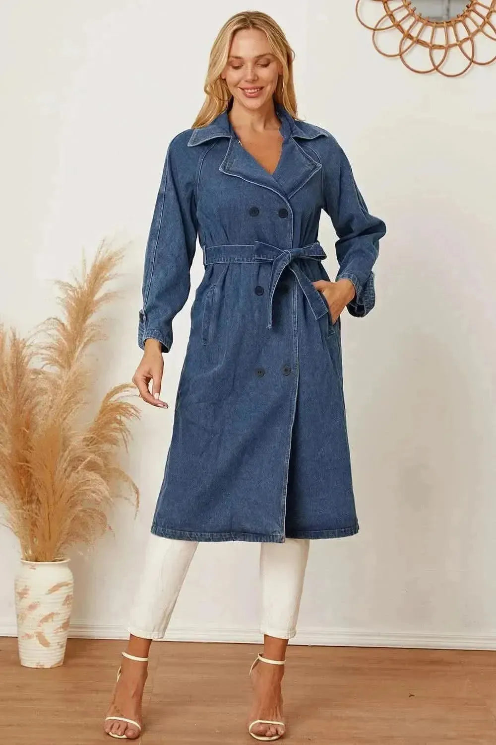 MeiMei Double-Breasted Belted Longline Denim Jacket - Bad Moms Club