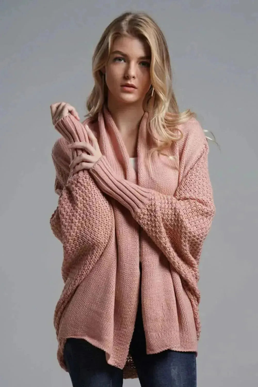 Dolman Sleeve Open Front Ribbed Trim Longline Cardigan - Bad Moms Club
