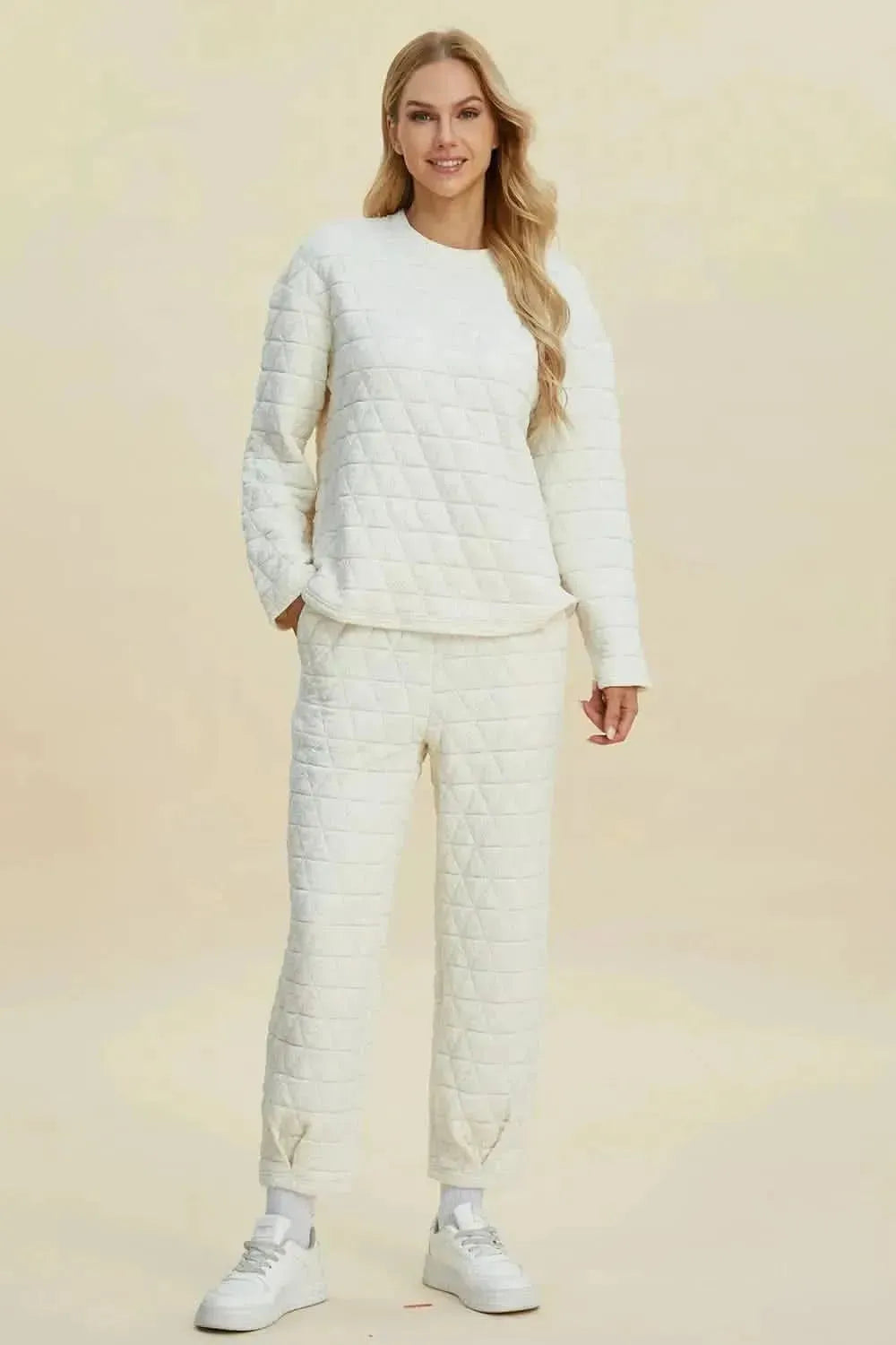 Double Take Full Size Texture Round Neck Long Sleeve Top and Pants Set - Bad Moms Club