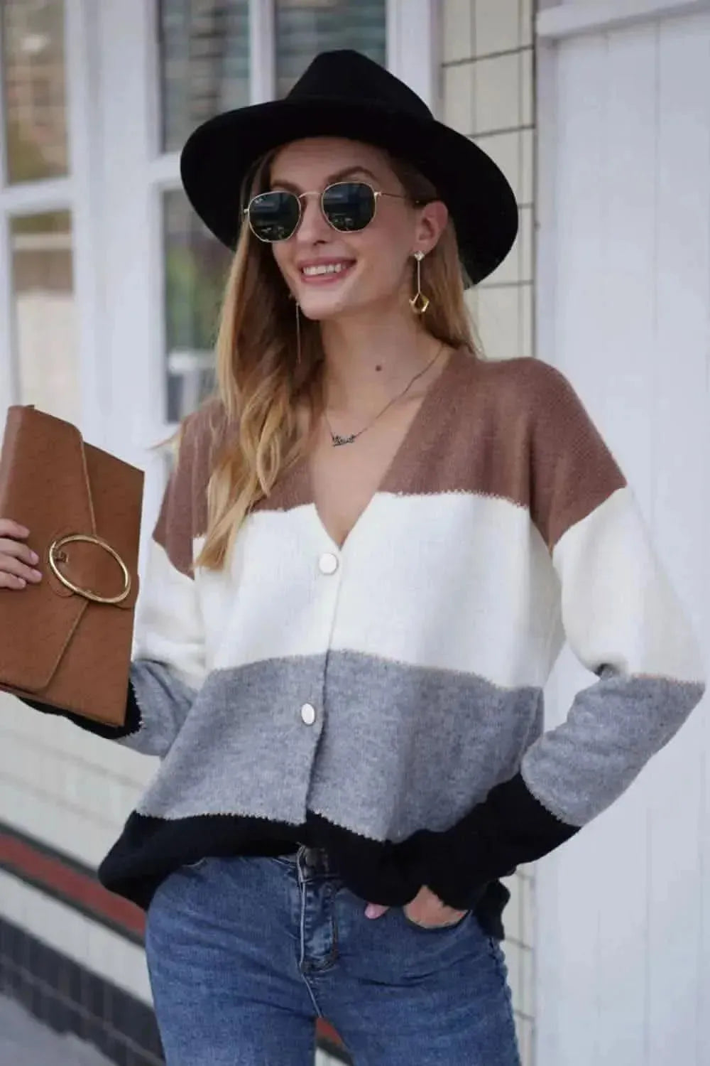 Woven Right Color Block V-Neck Button Down Cardigan - Bad Moms Club