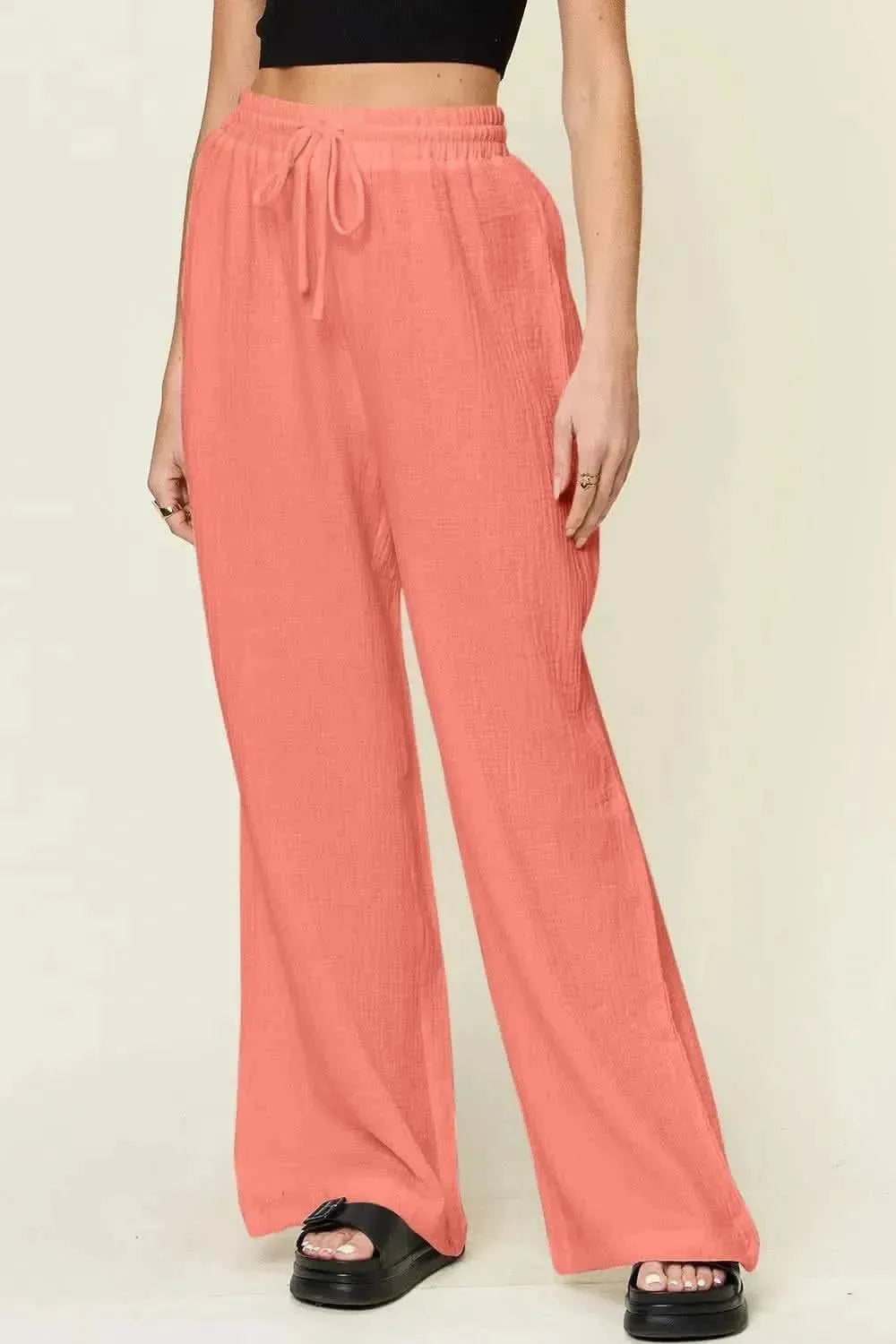 Double Take Full Size Texture Drawstring Wide Leg Pants - Bad Moms Club