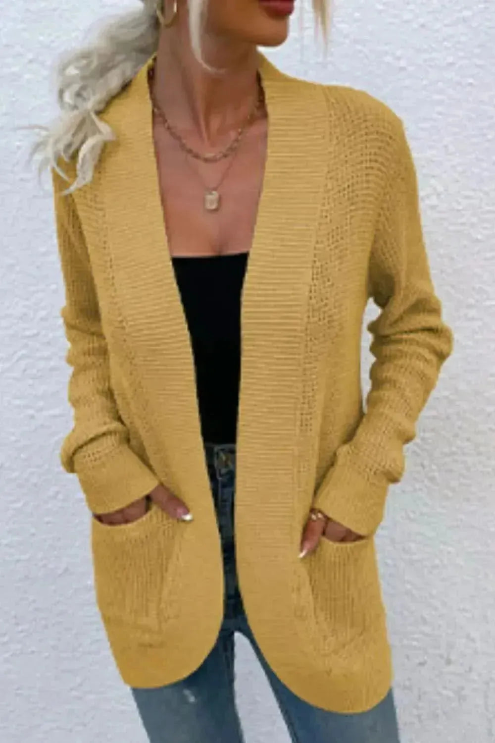 Open Front Rib-Knit Cardigan with Pockets - Bad Moms Club