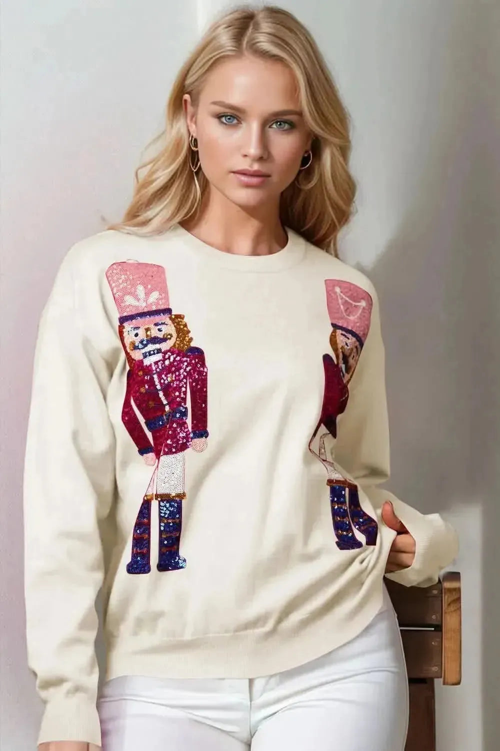 Double Take Full Size Nutcracker Sequin Long Sleeve Sweater - Bad Moms Club